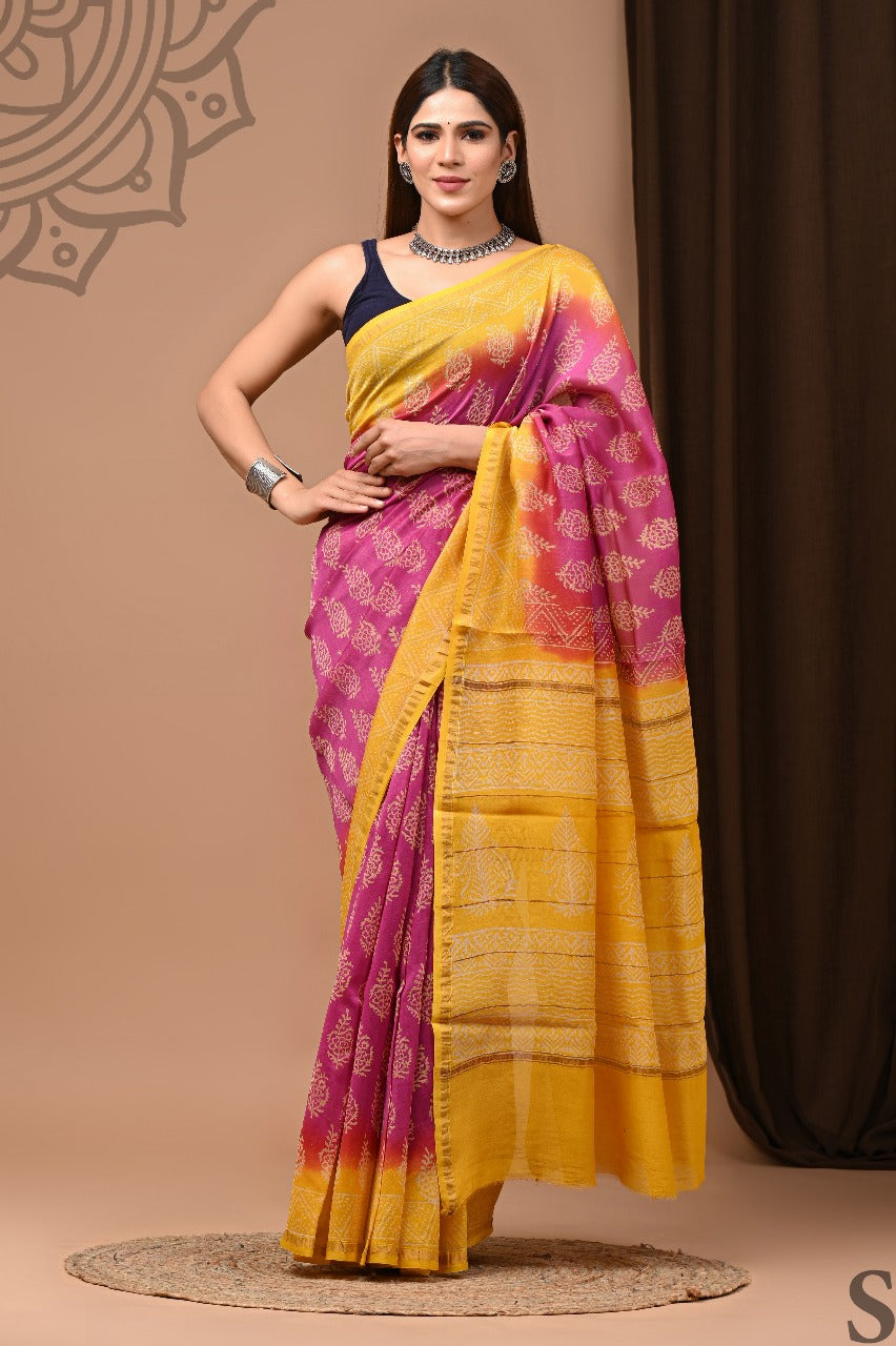 Exclusive Pure Hand Block Printed Chanderi Silk Saree