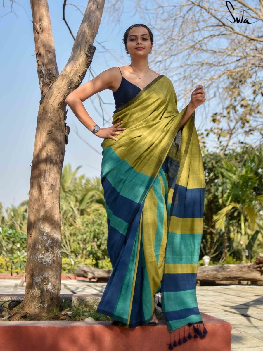 Olive & Teal Striped Cotton Saree – Earthy Elegance in Motion