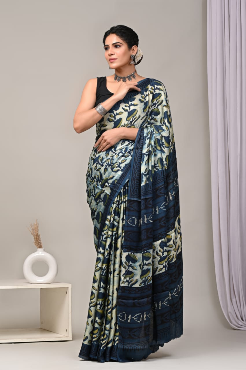 Natural Dye Vegetable Hand Block Print Ajrakh Vanaspati Pure Modal Silk Saree: