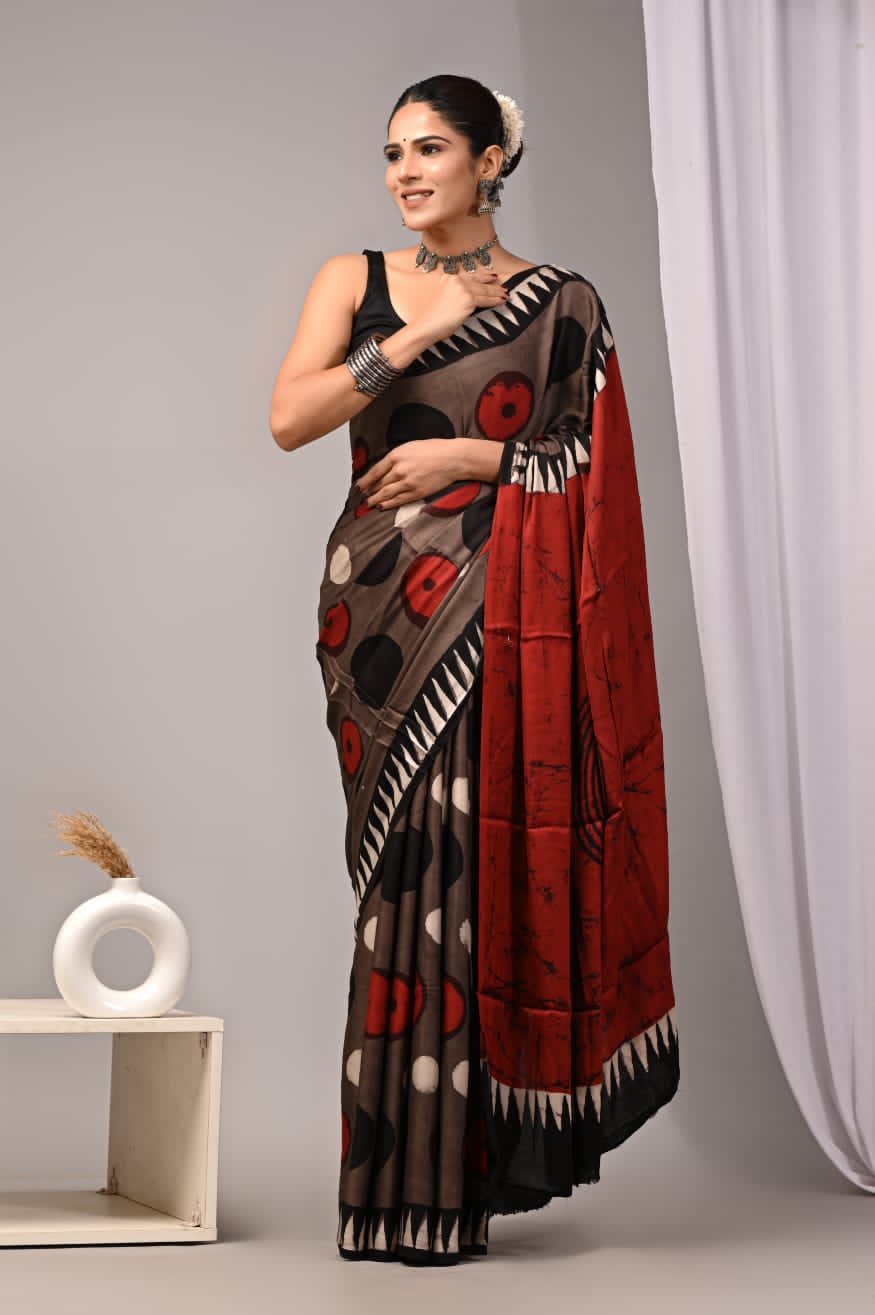 Natural Dye Vegetable Hand Block Print Ajrakh Vanaspati Pure Modal Silk Saree: