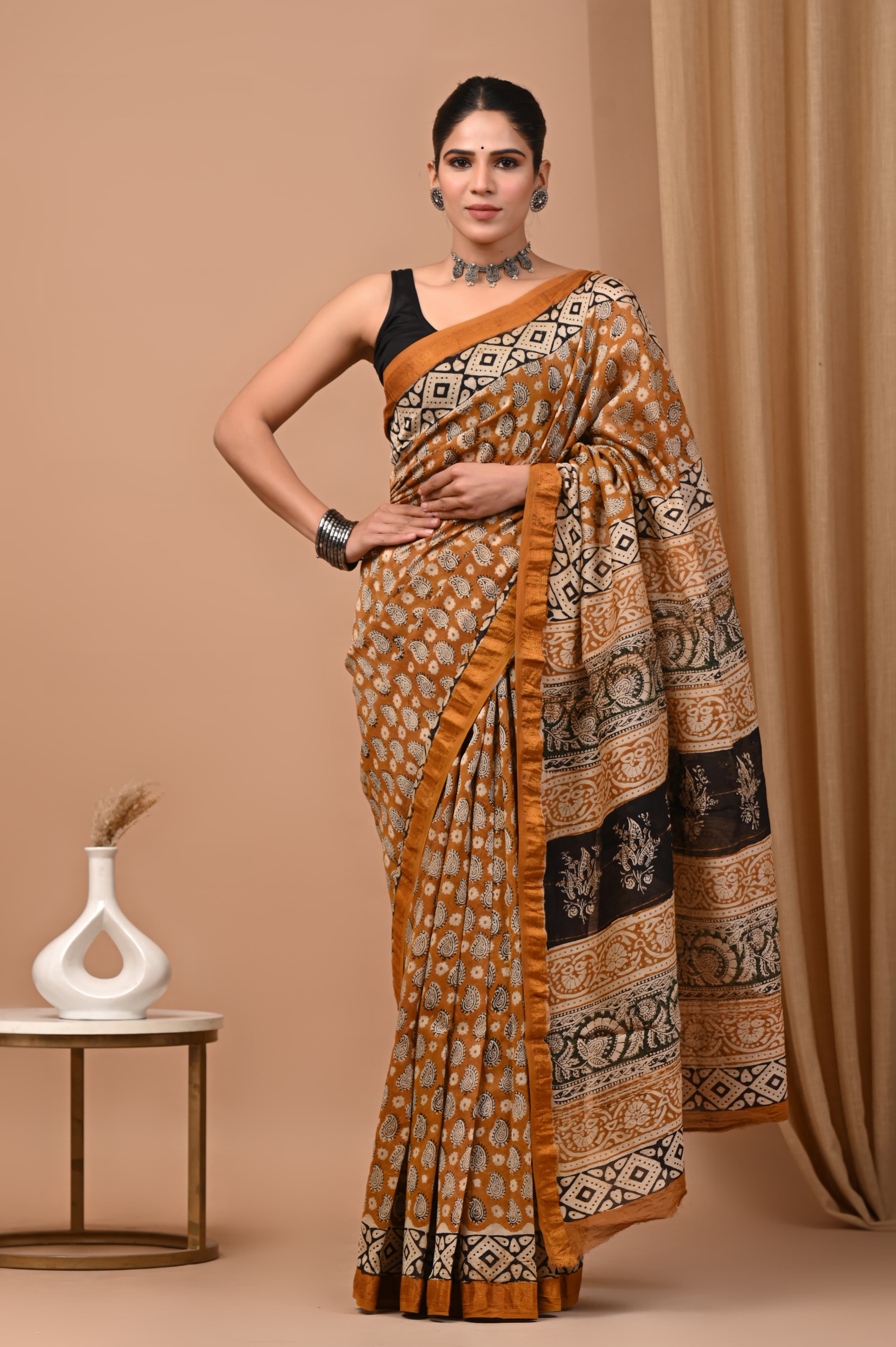 Mustard Maheshwari Silk Saree with Paisley and Floral Borders