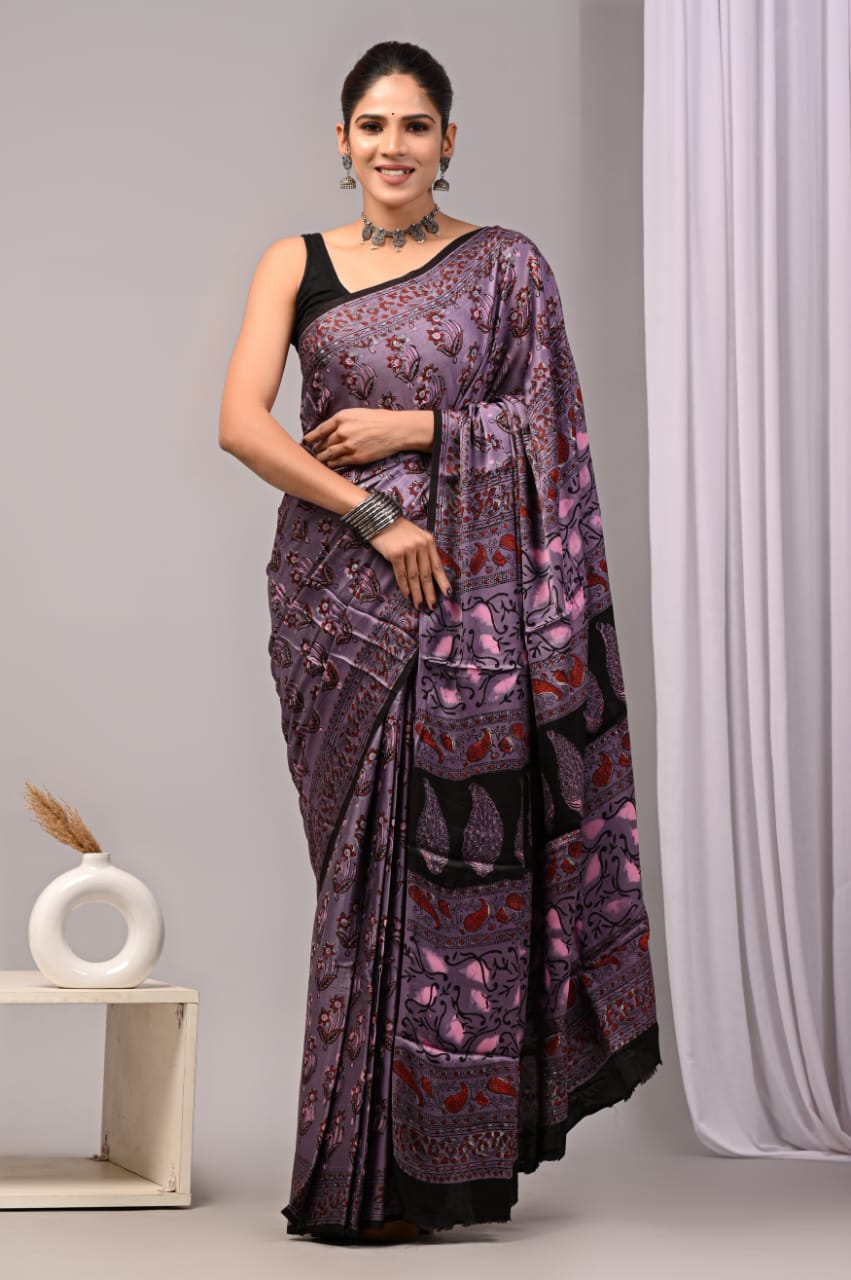 Natural Dye Vegetable Hand Block Print Ajrakh Vanaspati Pure Modal Silk Saree: