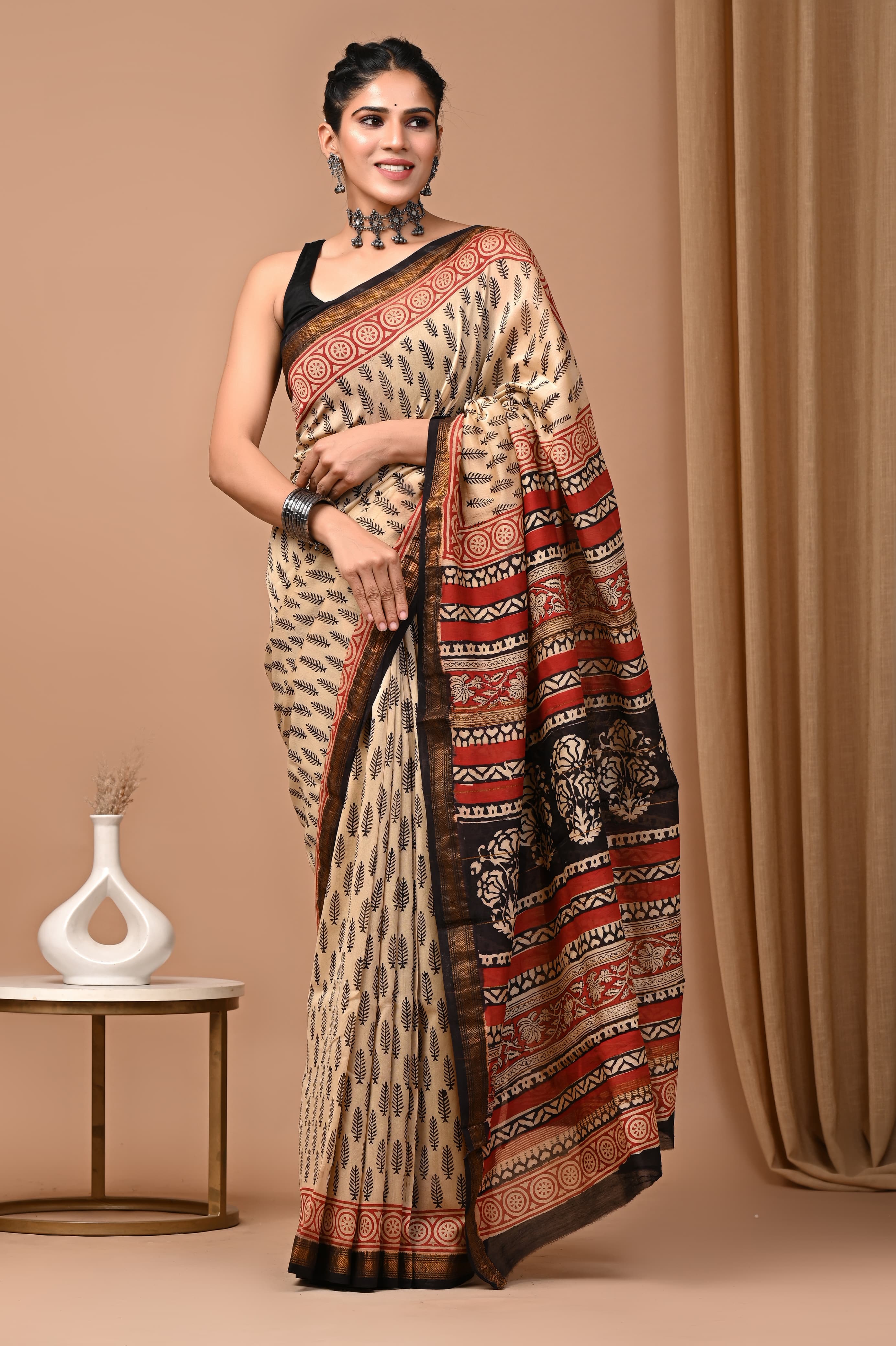 Earthy Rust & Black Maheshwari Silk Saree with Handblock Print