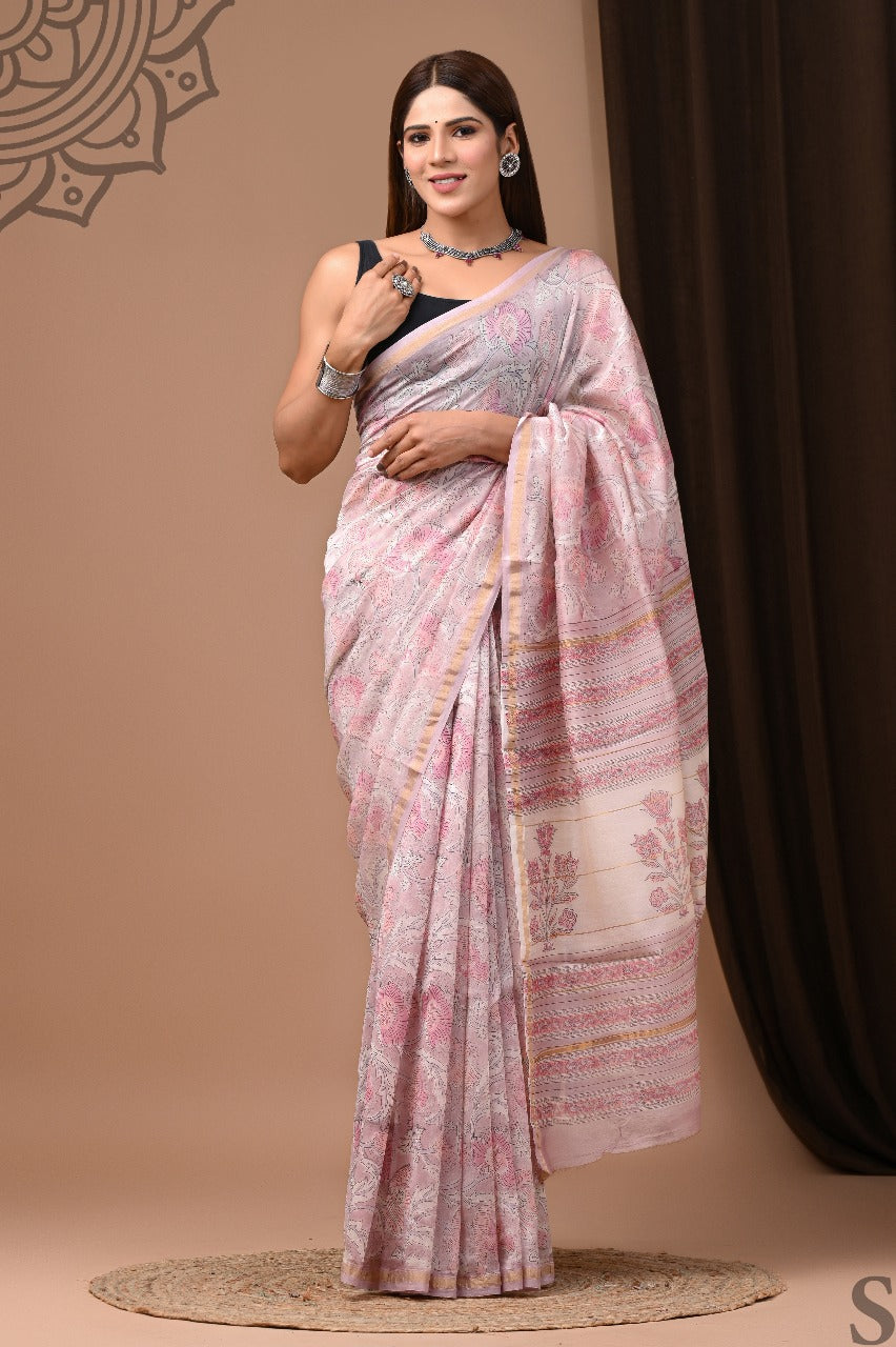 Exclusive Pure Hand Block Printed Chanderi Silk Saree