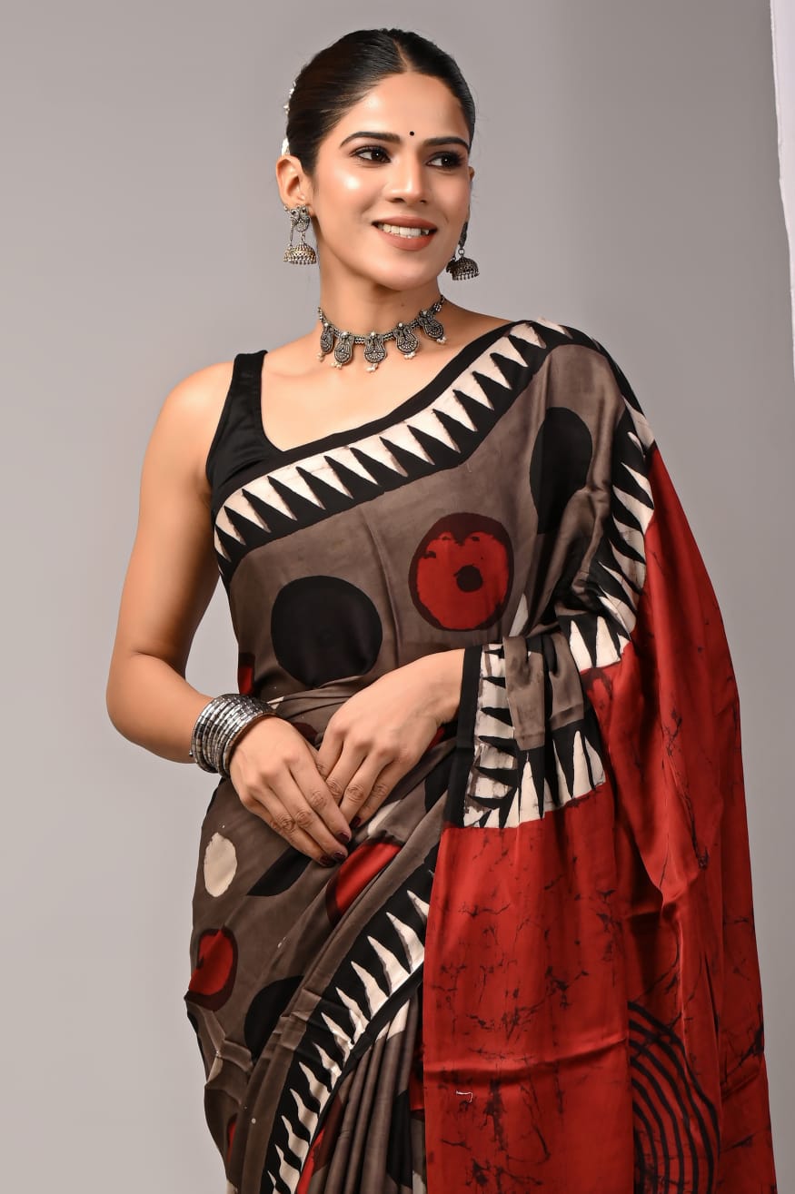 Natural Dye Vegetable Hand Block Print Ajrakh Vanaspati Pure Modal Silk Saree: