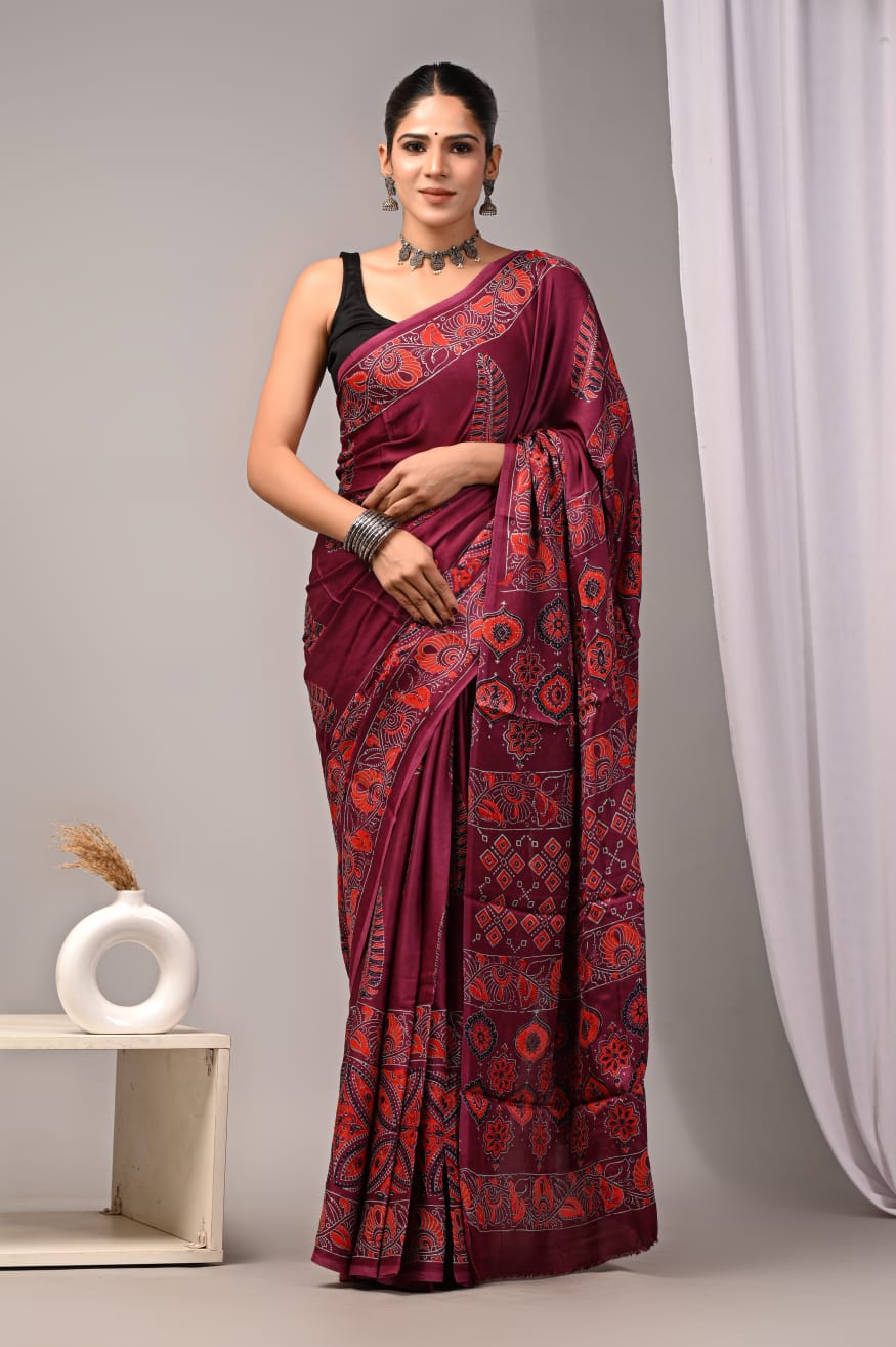 Natural Dye Vegetable Hand Block Print Ajrakh Vanaspati Pure Modal Silk Saree: