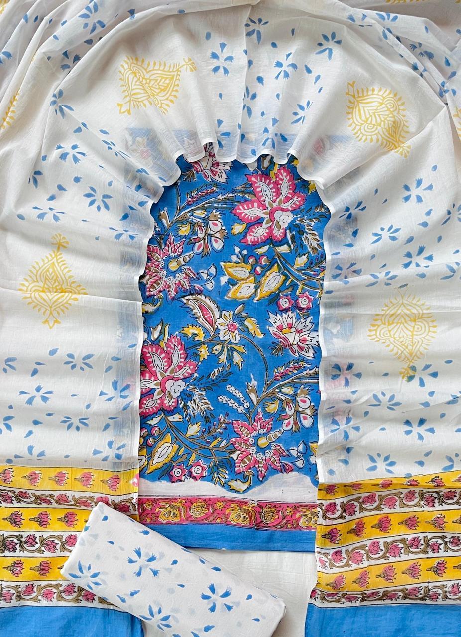 Royal Blue & White Floral Cotton Suit with Printed Dupatta