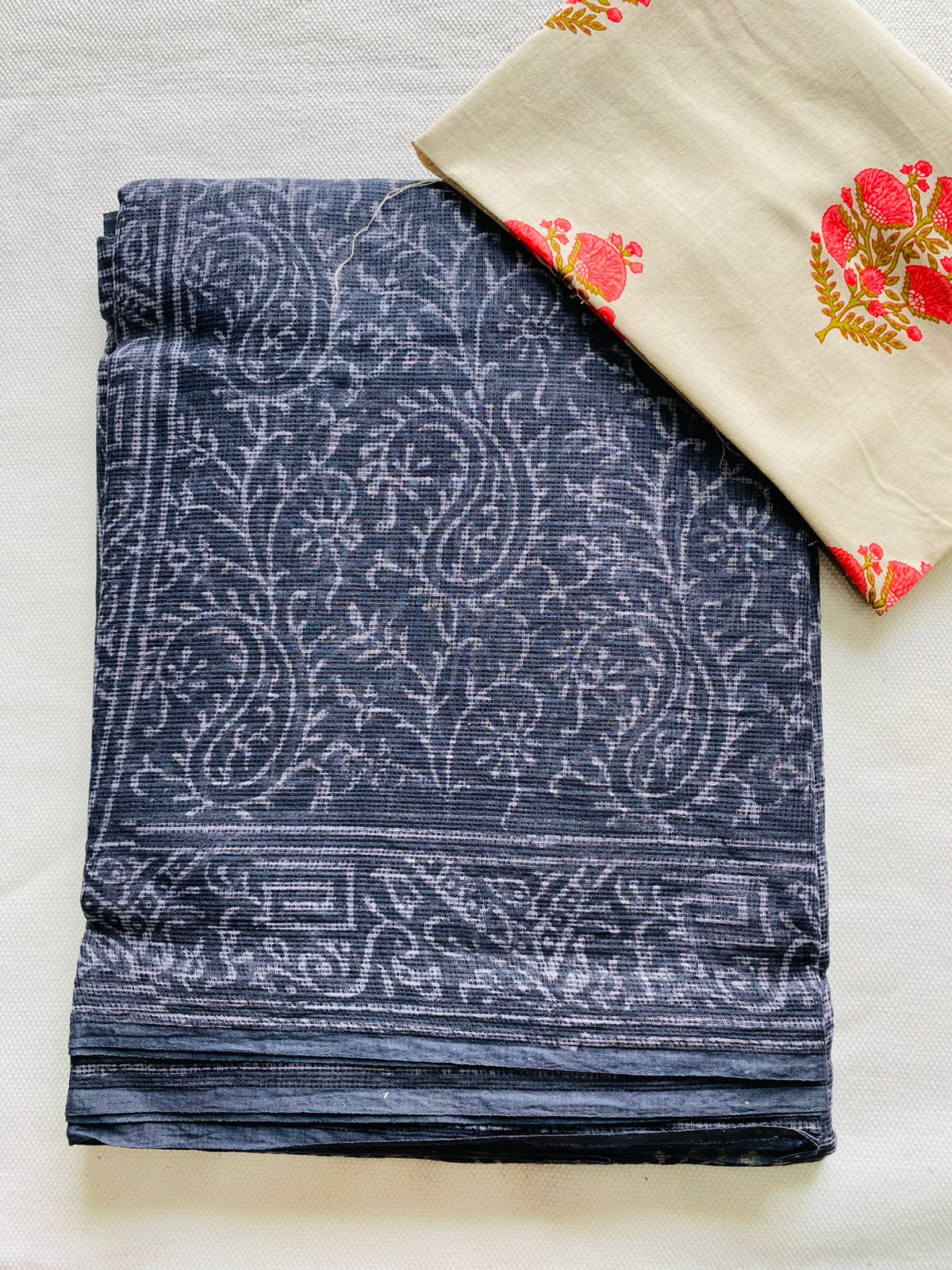 Charcoal Black Paisley Kota Doria Saree