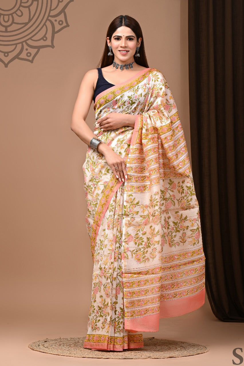 Exclusive Pure Hand Block Printed Chanderi Silk Saree