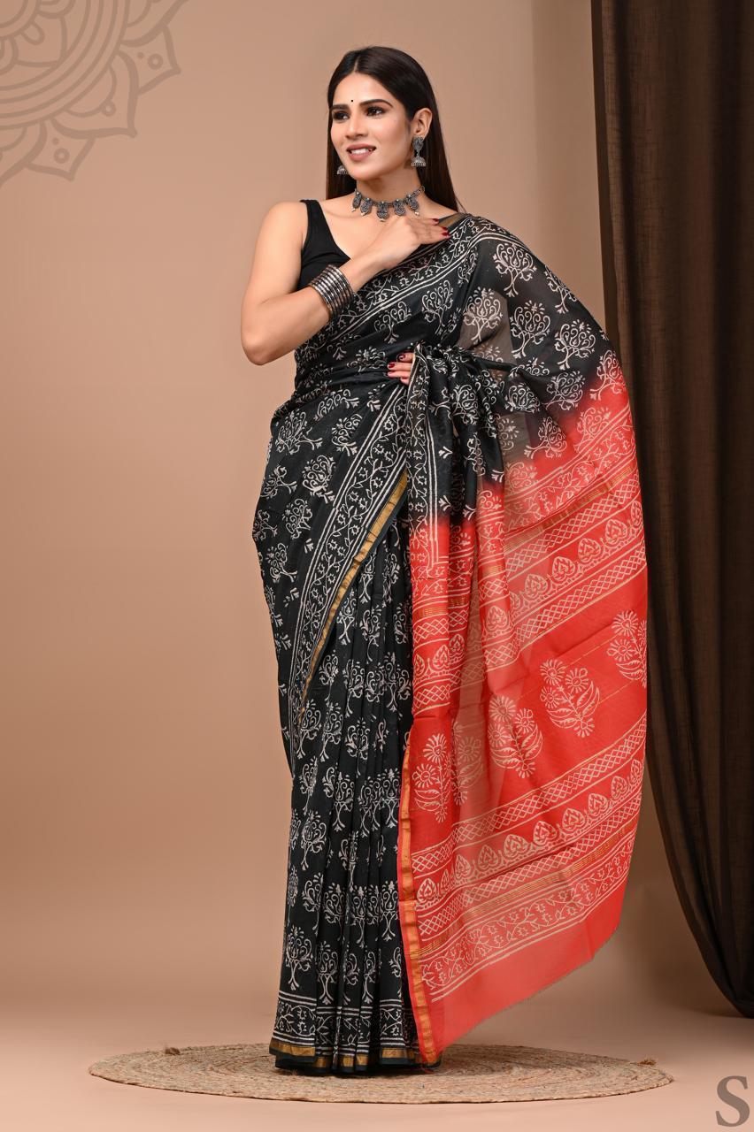 Exclusive Pure Hand Block Printed Chanderi Silk Saree