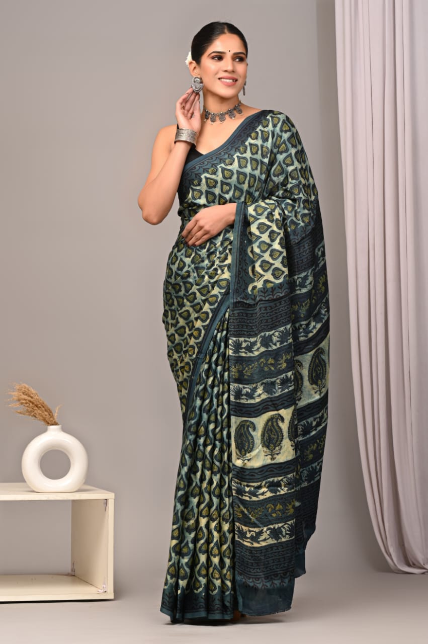 Natural Dye Vegetable Hand Block Print Ajrakh Vanaspati Pure Modal Silk Saree: