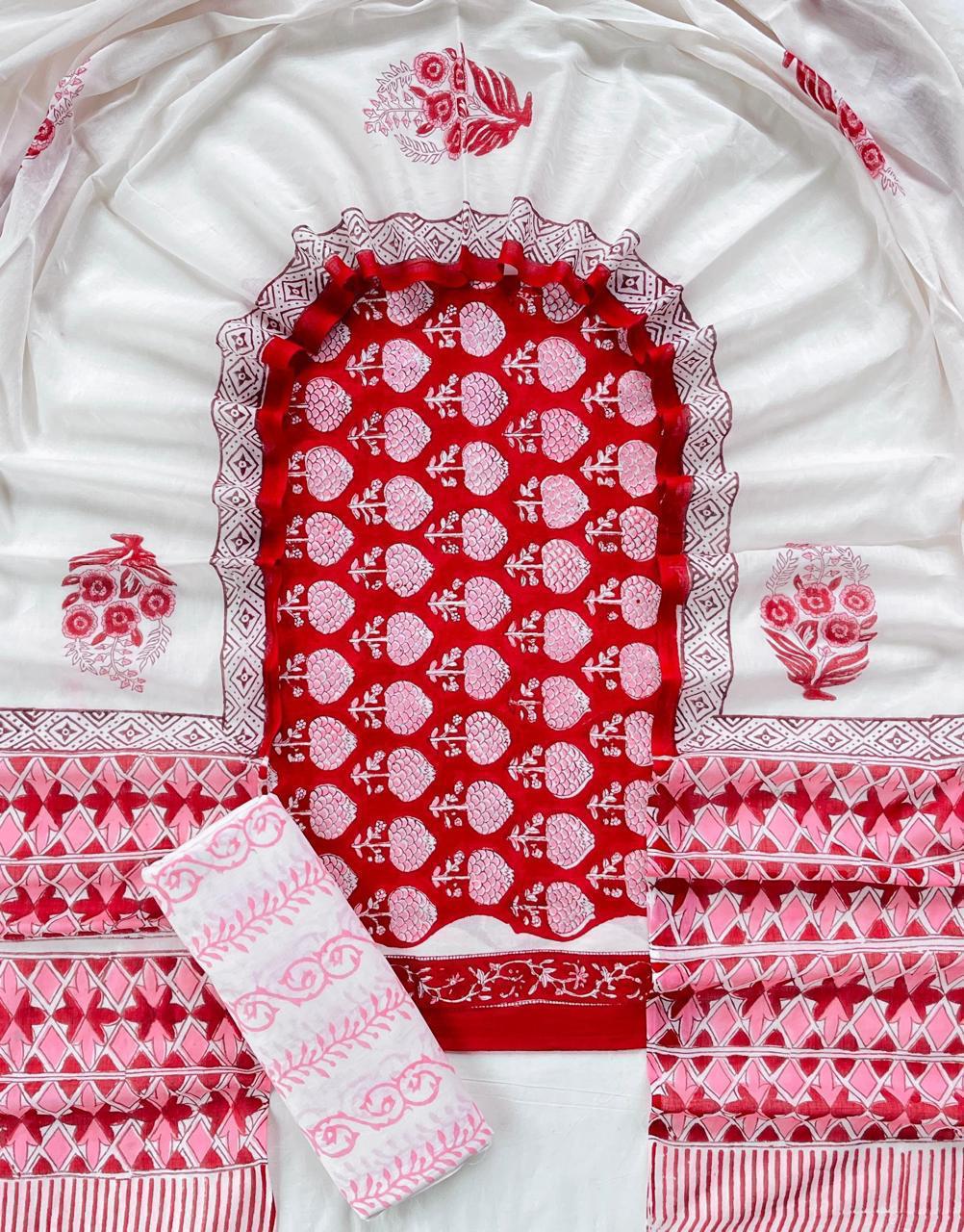Crimson Blossom Cotton Suit Set