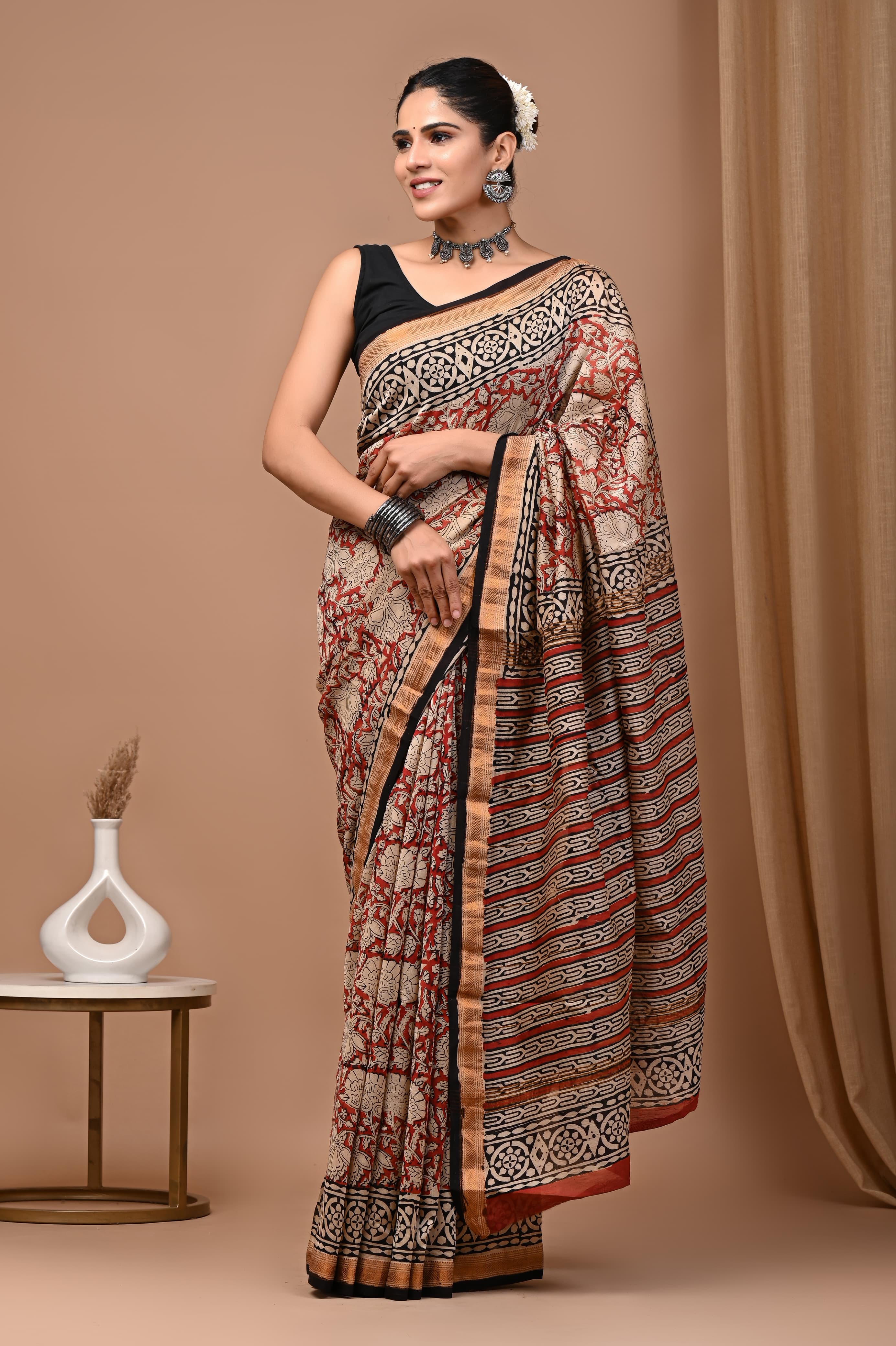 Rust Red & Beige Dabu Handblock Cotton Saree