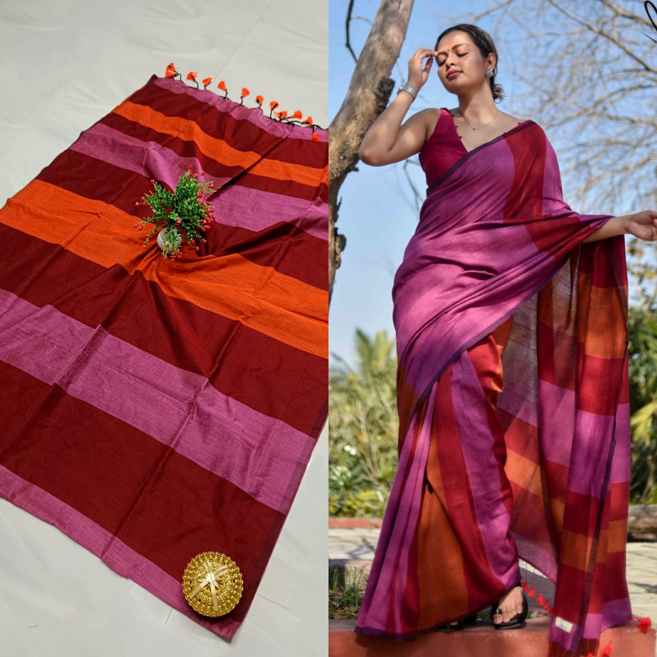 Wine, Magenta & Rust Striped Khadi Cotton Saree