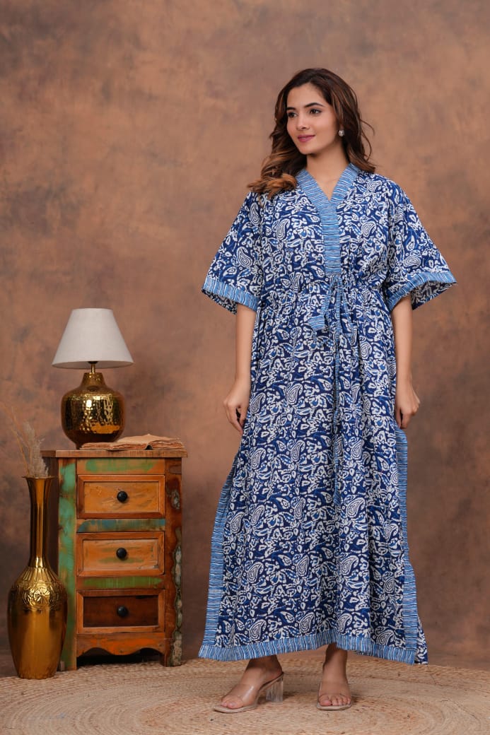 Indigo Leaf Block Kaftan – Breezy Boho Charm