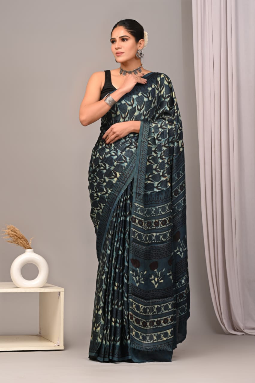 Natural Dye Vegetable Hand Block Print Ajrakh Vanaspati Pure Modal Silk Saree: