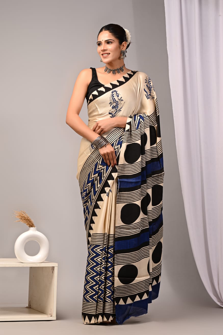Natural Dye Vegetable Hand Block Print Ajrakh Vanaspati Pure Modal Silk Saree: