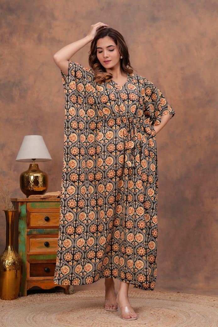 Black Floral Medallion Kaftan – Regal Comfort Wear