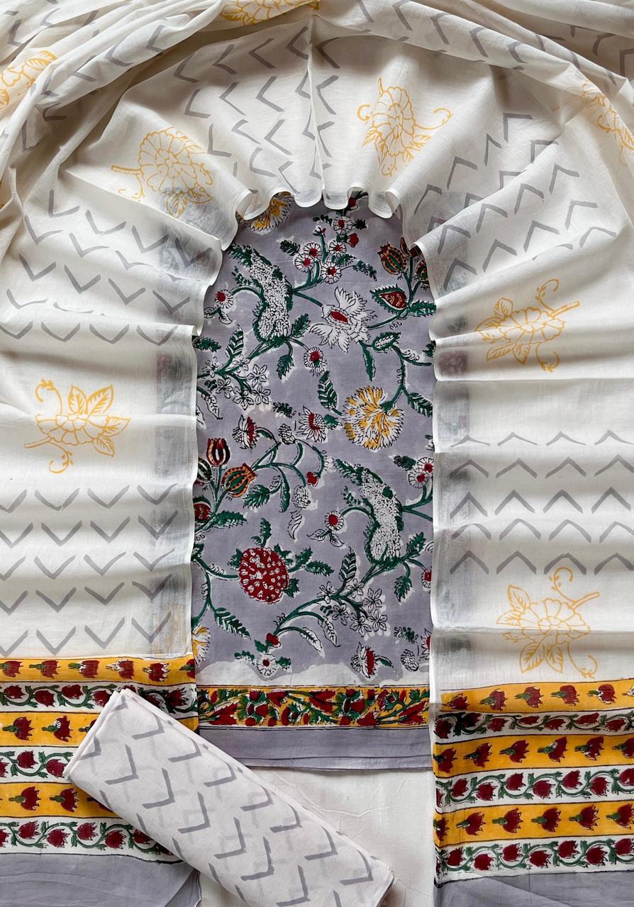 Grey Bloom Block Printed Cotton Suit Set