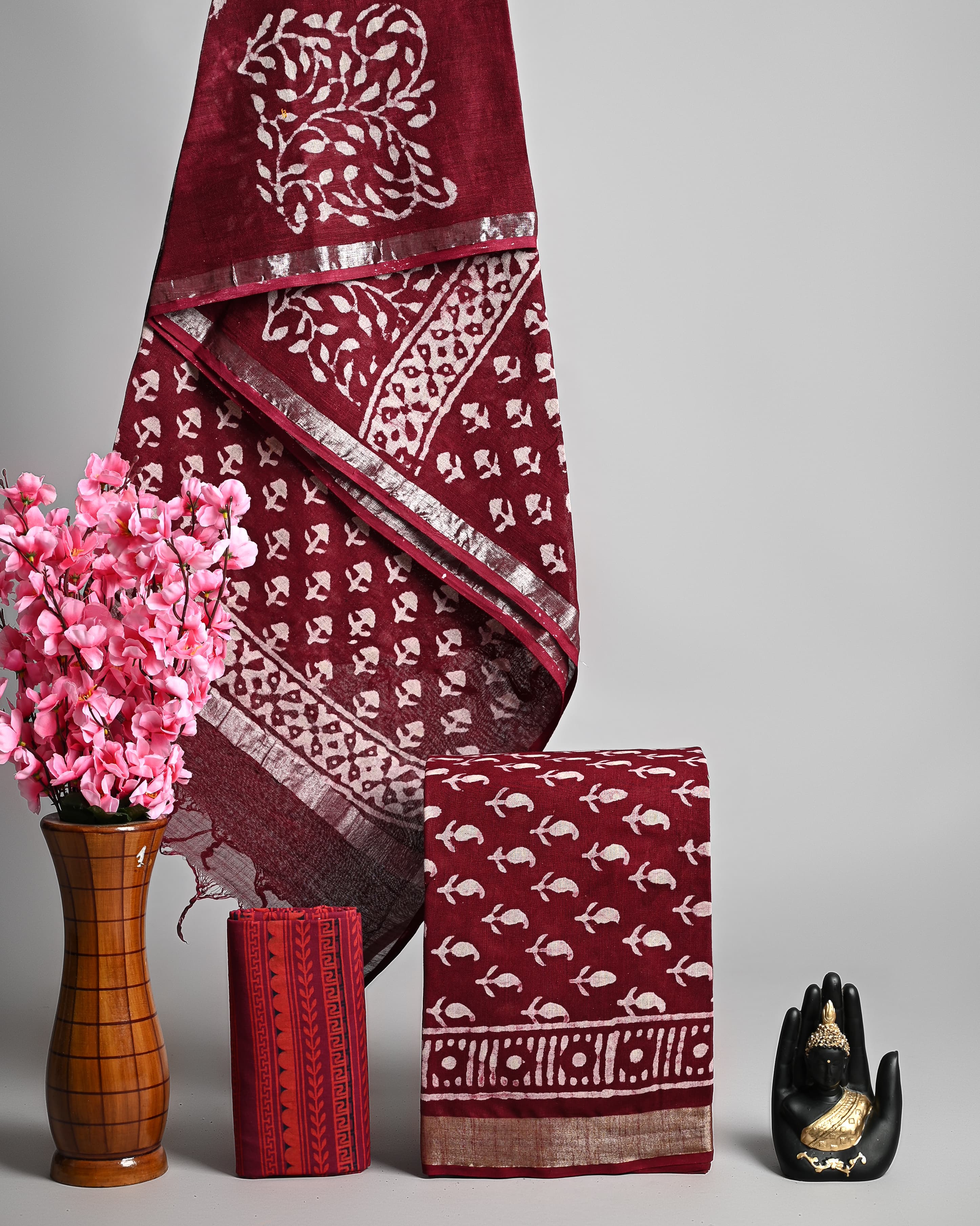 Deep Maroon Linen Cotton Suit Set with Silver Zari Border