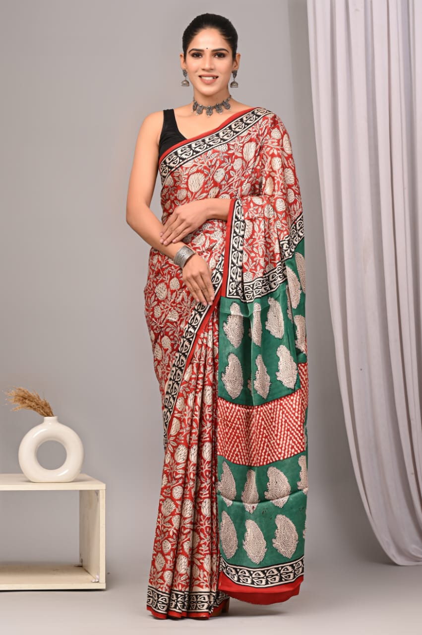 Natural Dye Vegetable Hand Block Print Ajrakh Vanaspati Pure Modal Silk Saree: