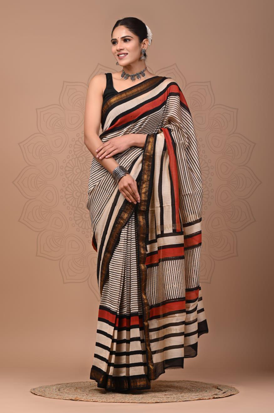 Ivory & Black Stripe Maheshwari Handloom Saree with Rust Accents