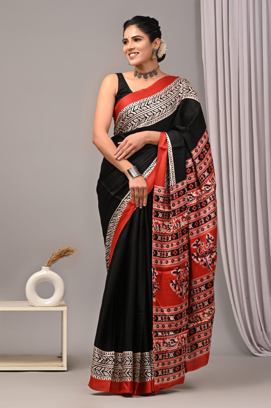 Natural Dye Vegetable Hand Block Print Ajrakh Vanaspati Pure Modal Silk Saree: