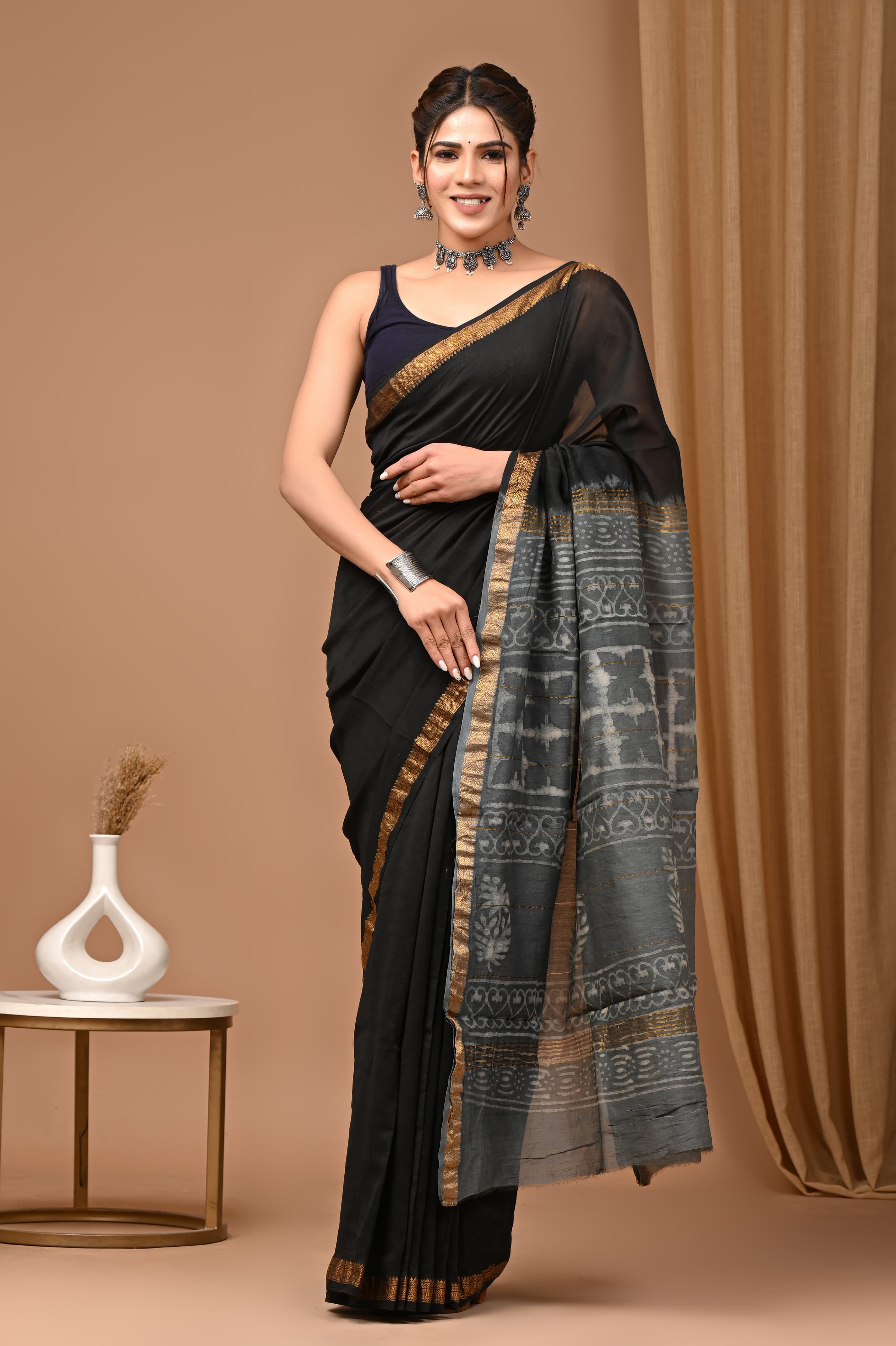 Black Maheshwari Silk Saree with Grey Ajrakh Pallu