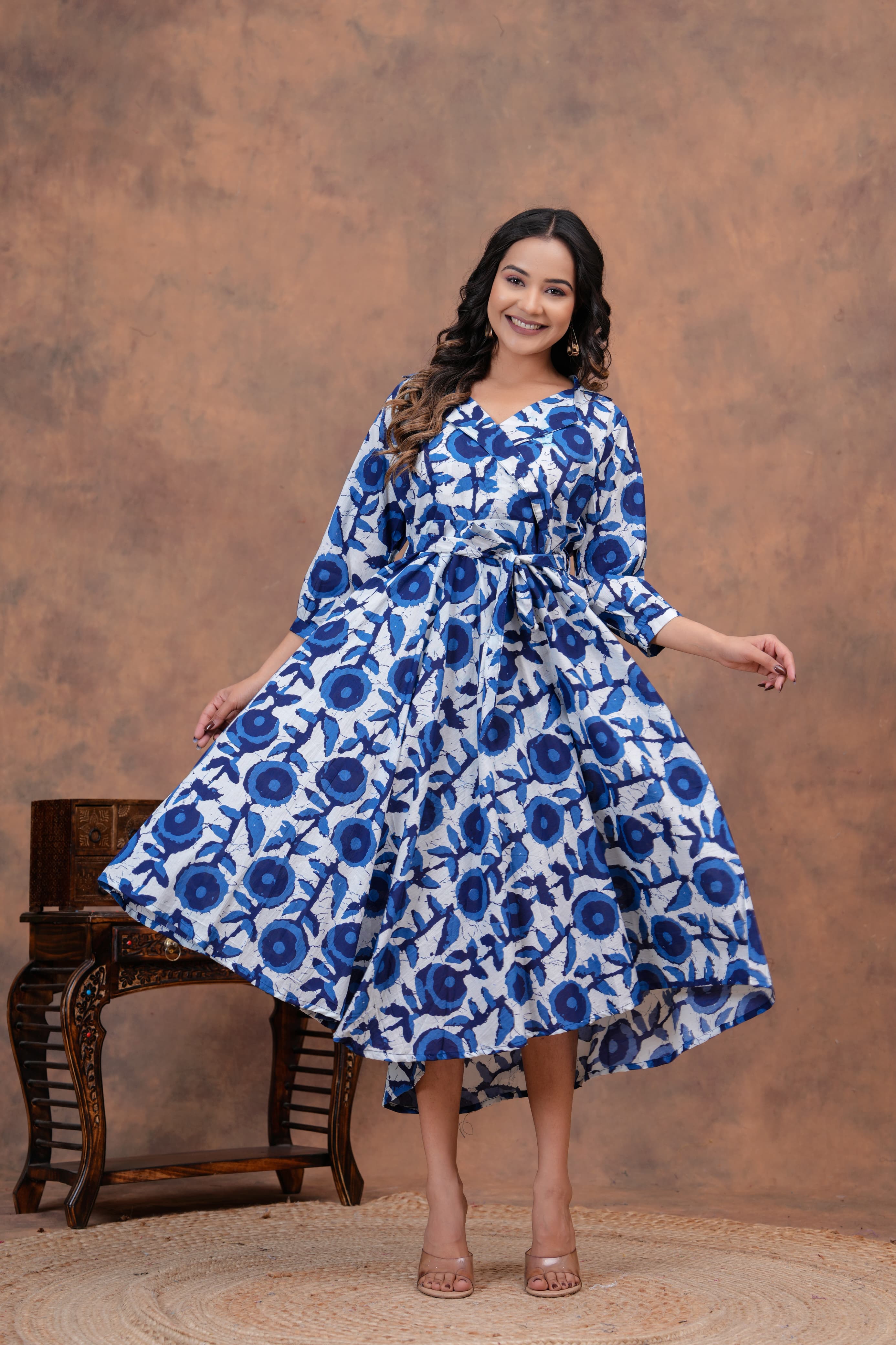 Midnight Blue Handblock Fit & Flare Cotton Dress