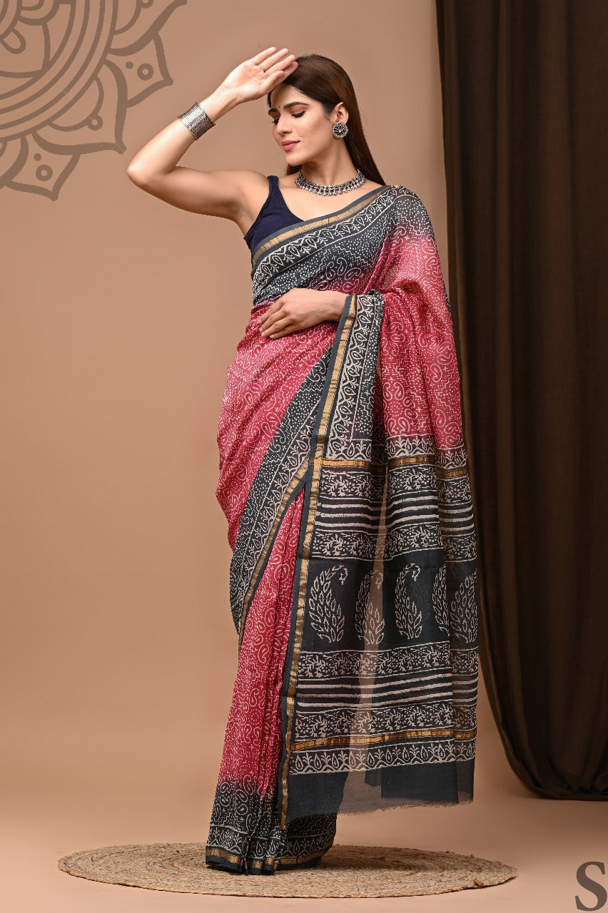 Exclusive Pure Hand Block Printed Chanderi Silk Saree