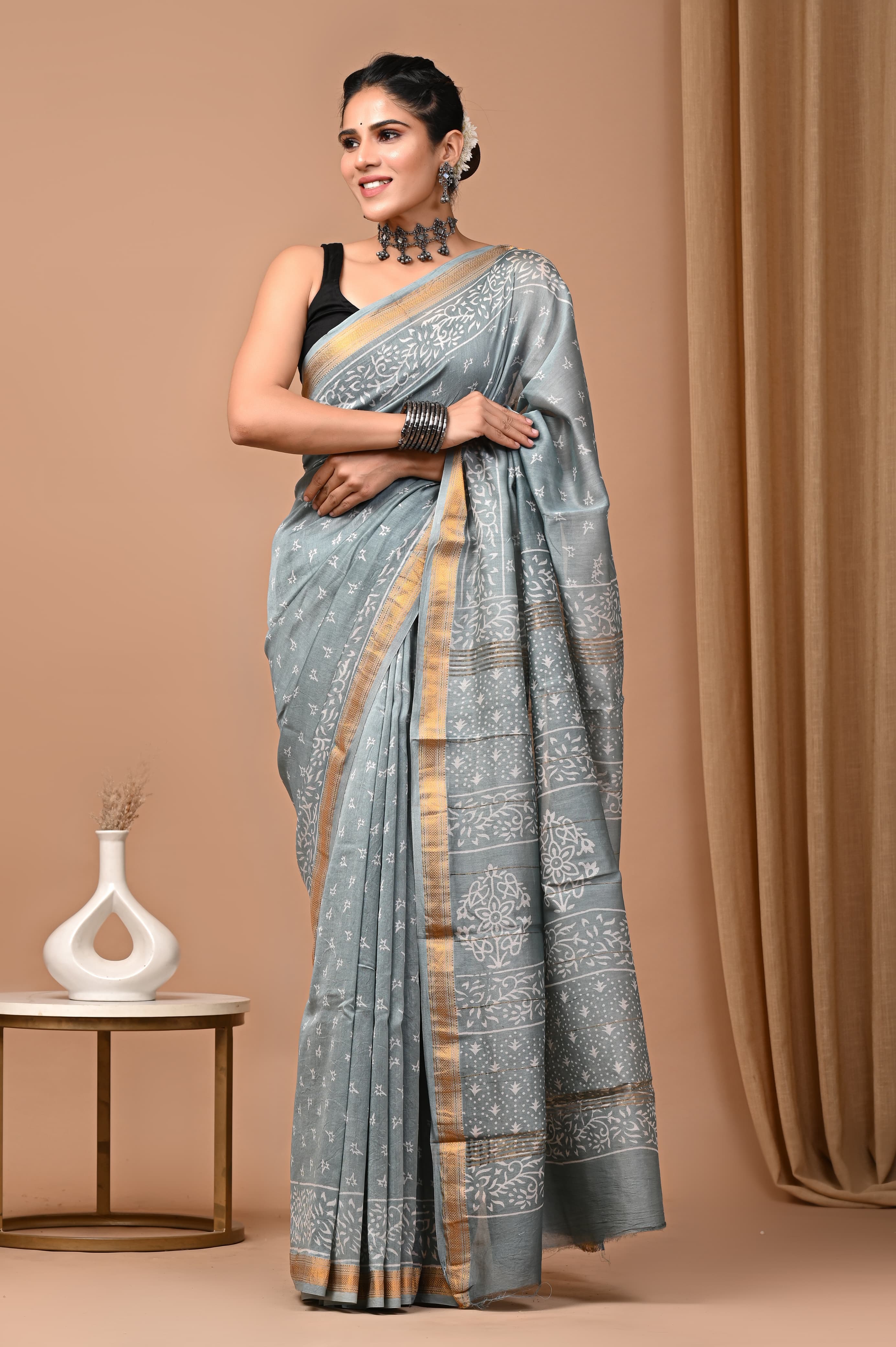 Serene Grey Handblock Cotton Saree with Golden Border