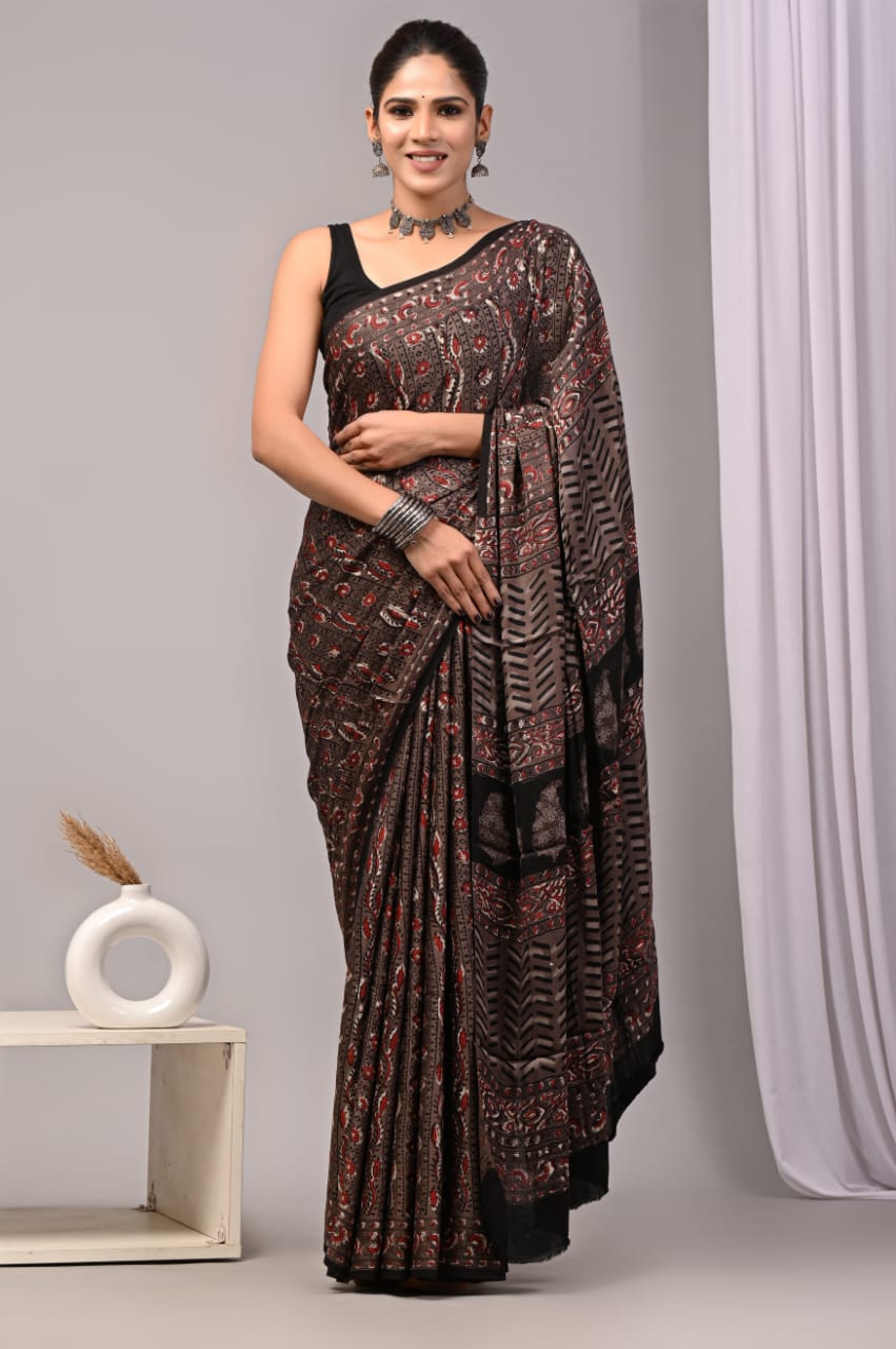 Natural Dye Vegetable Hand Block Print Ajrakh Vanaspati Pure Modal Silk Saree: