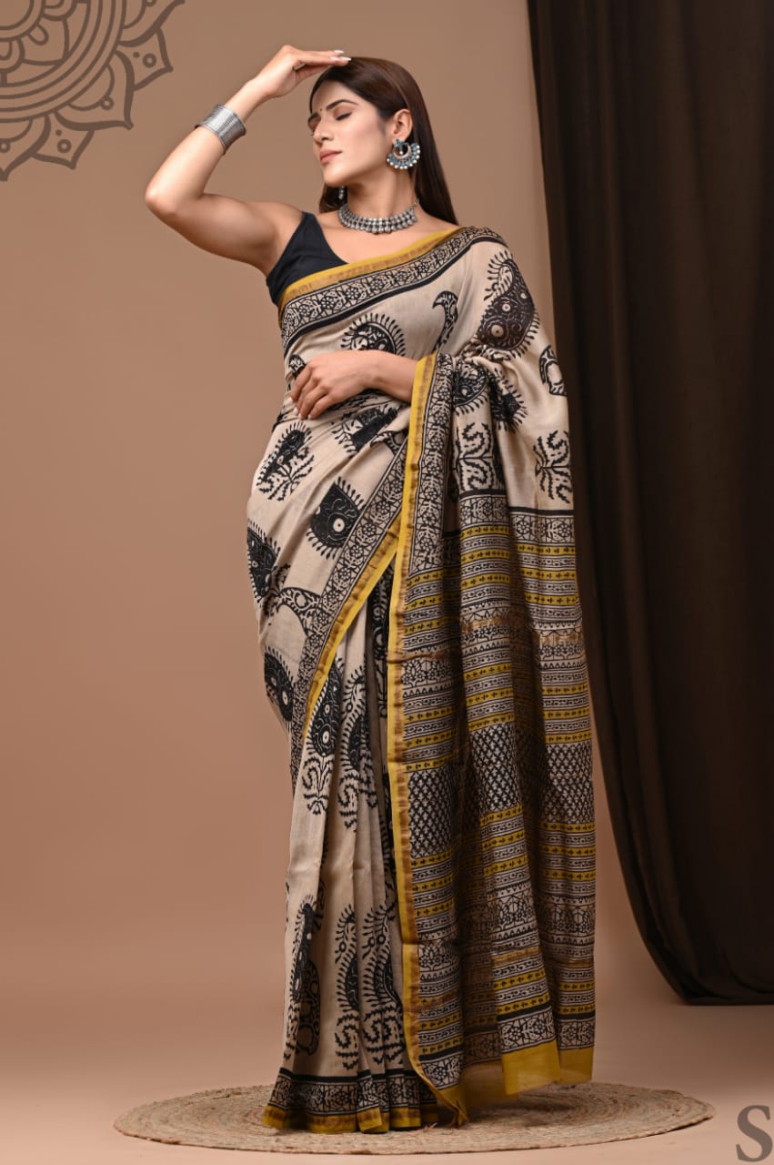 Exclusive Pure Hand Block Printed Chanderi Silk Saree