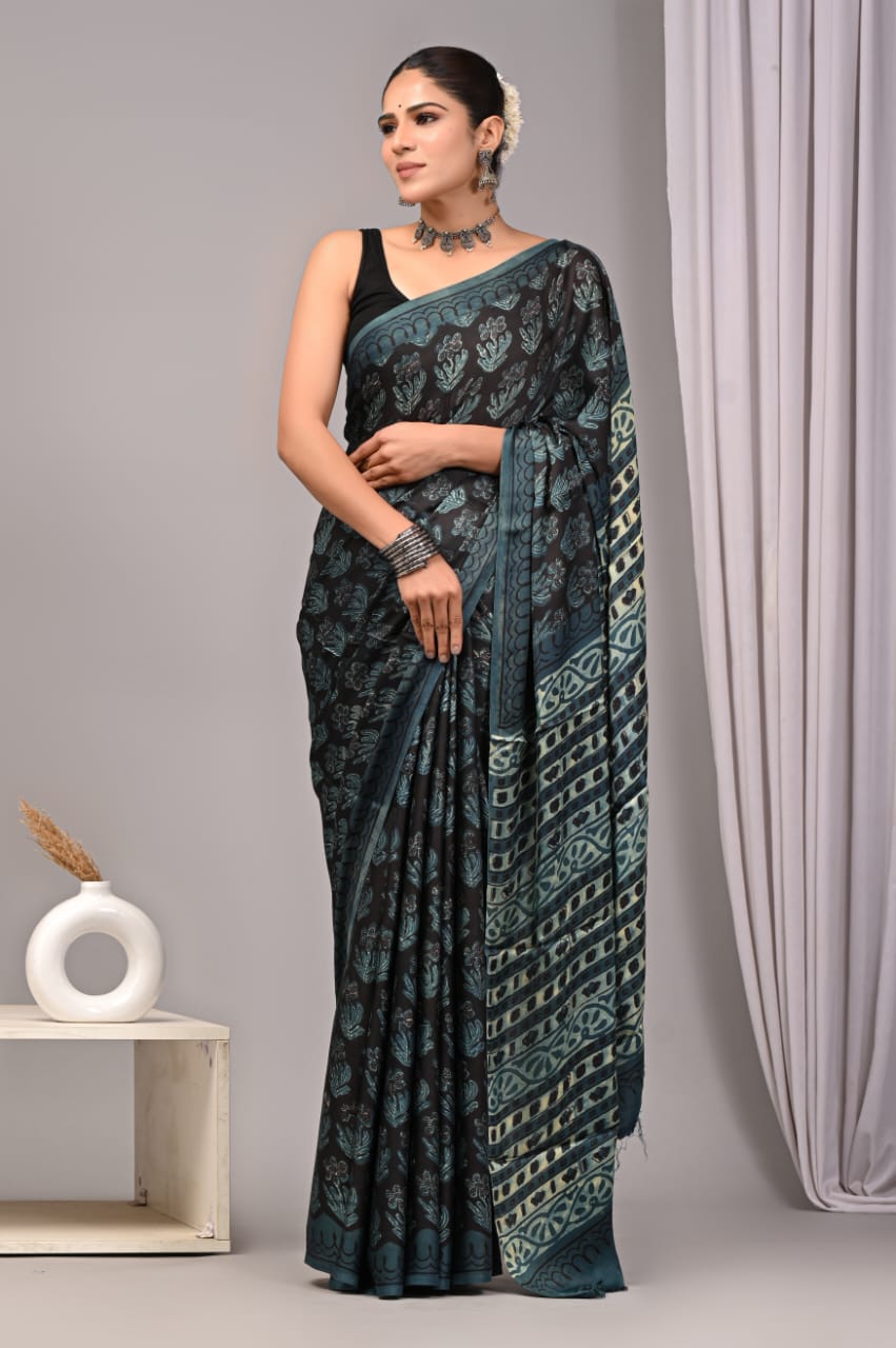 Natural Dye Vegetable Hand Block Print Ajrakh Vanaspati Pure Modal Silk Saree:
